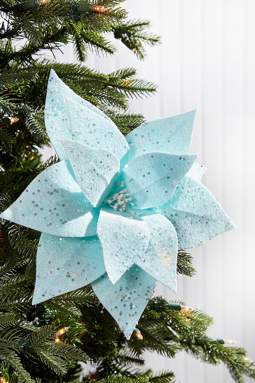 22" Teal Frosted Poinsettia Stem with Sparkles Artificial Christmas Floral Pick