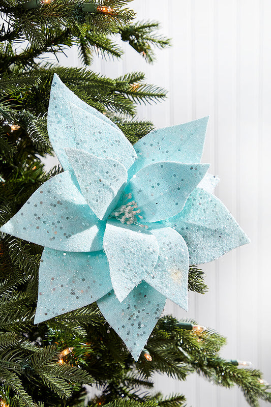 22" Teal Frosted Poinsettia Stem with Sparkles Artificial Christmas Floral Pick