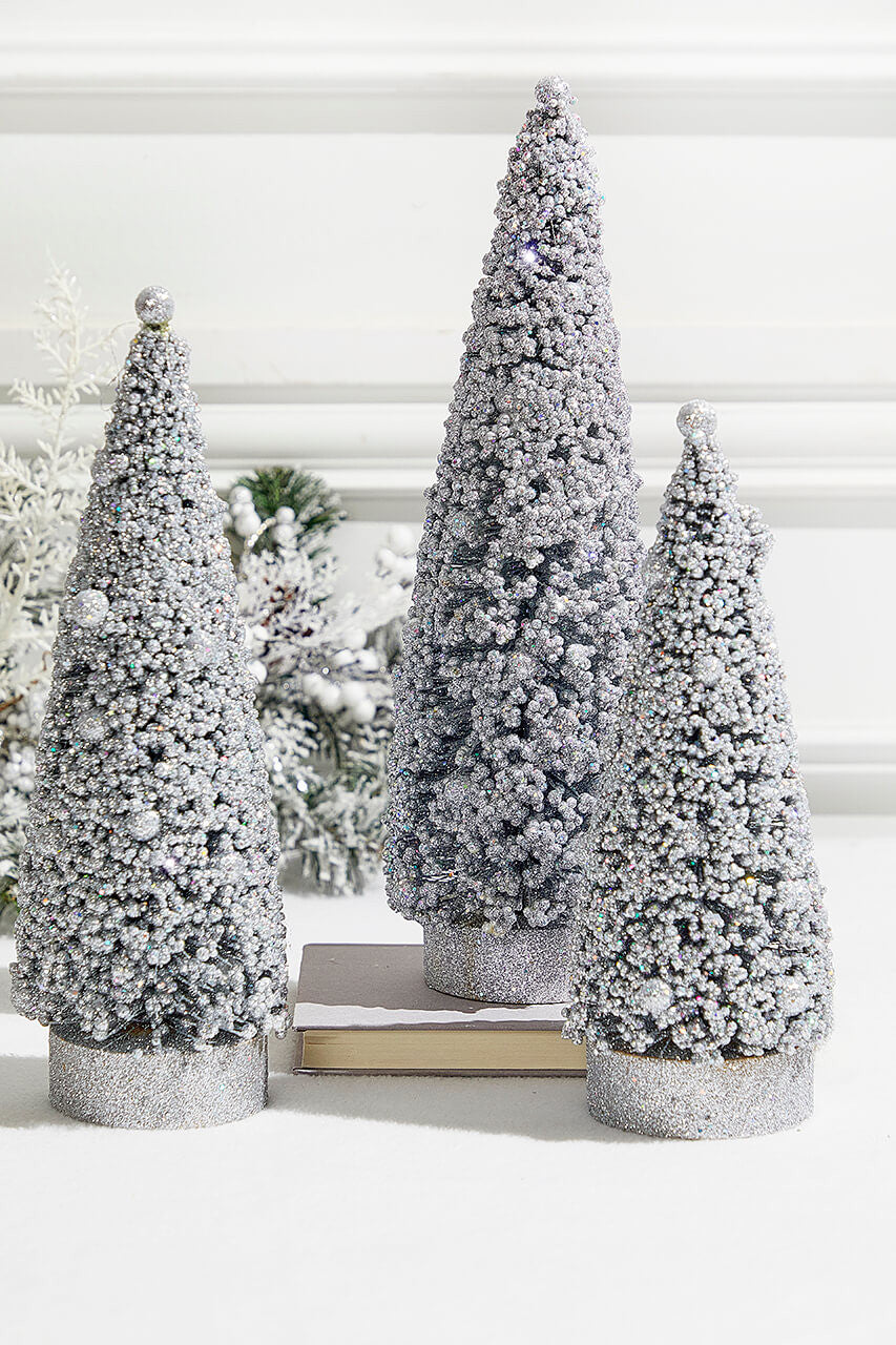 Silver Bottle Brush Trees Set of 3 Sparkling Mini Holiday Decorations