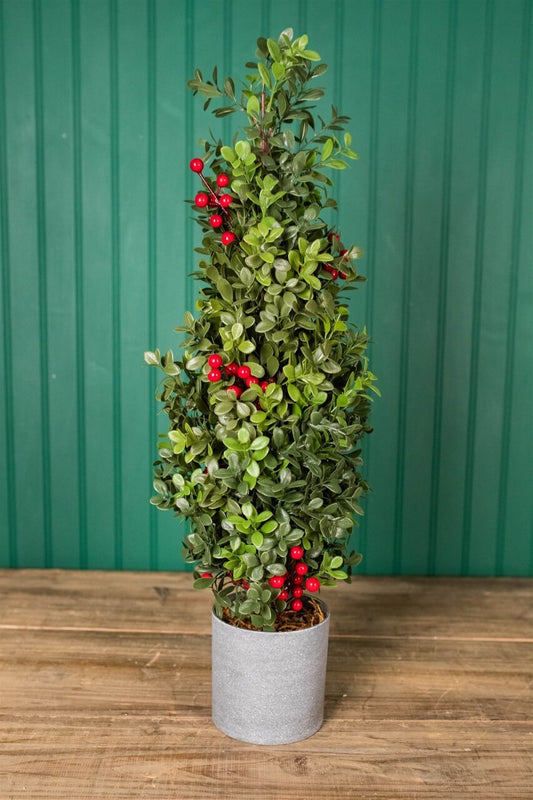 20” Holiday Potted Boxwood Tree with Red Berries Festive Faux Christmas Décor