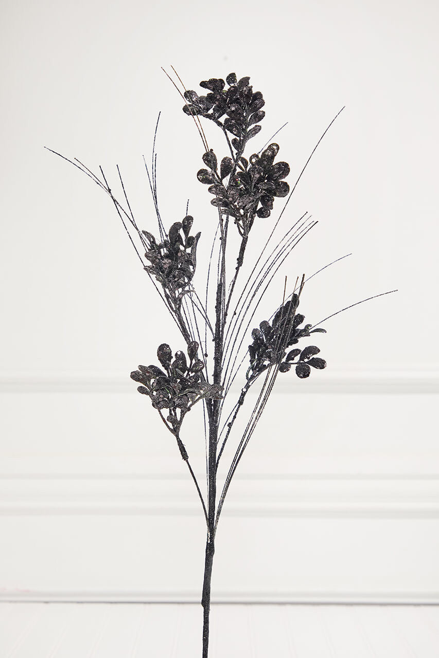 27" Black Glitter & Sequin Boxwood Grass Spray Sparkling Holiday Décor