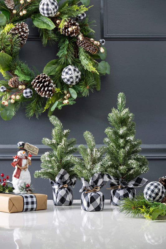 Small Pine Tree with Plaid Fabric Base Rustic Mini Holiday Decoration
