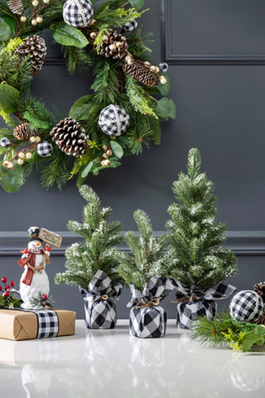 Medium Pine Tree with Plaid Fabric Base Rustic Tabletop Christmas Decoration