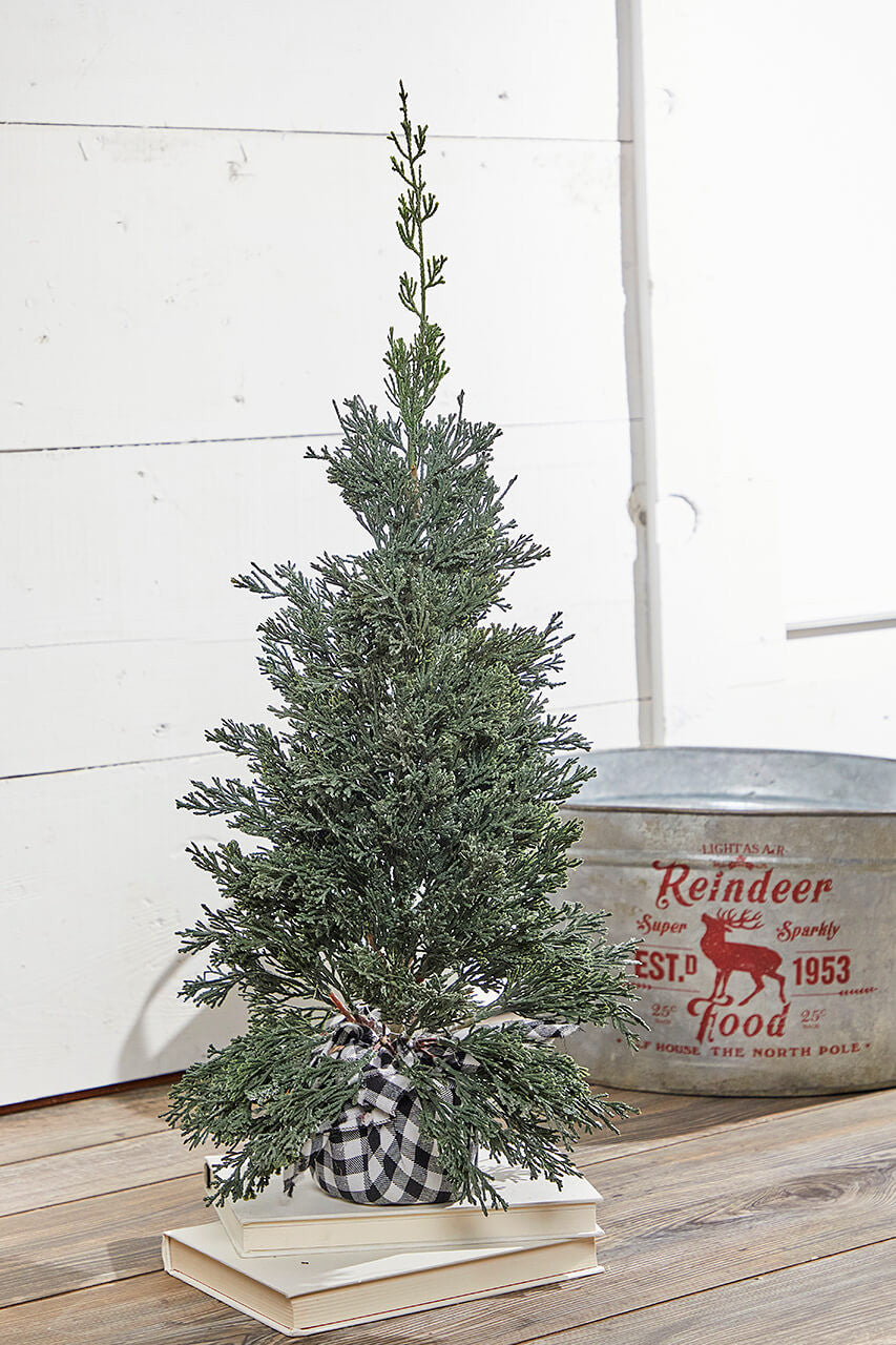 24” Plastic Cedar Tree in Black & White Buffalo Fabric Bucket Rustic Holiday Decor