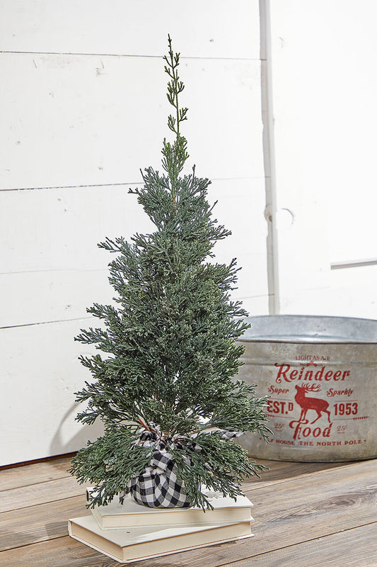 24” Plastic Cedar Tree in Black & White Buffalo Fabric Bucket Rustic Holiday Decor