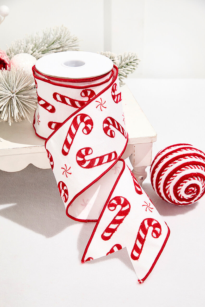 4" x 5 Yards Candy Cane Embroidered Ribbon Wired Holiday Trim for Crafts & Décor