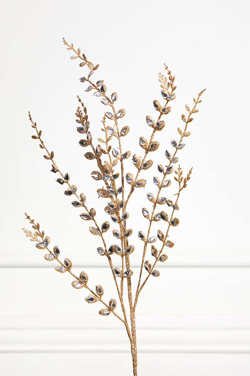 33" Jeweled Champagne Leaf Spray Elegant Metallic Holiday Stem for Christmas Tree, Wreath, and Floral Arrangements