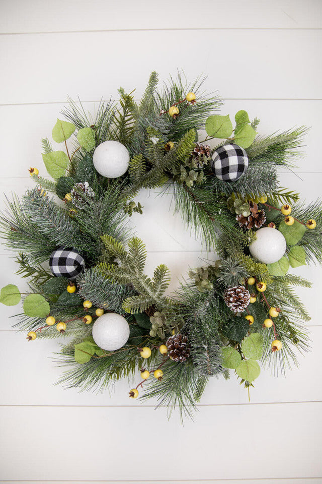20” Christmas Pine Wreath with Ornaments, Pinecones & Berries Festive Holiday Door Decor