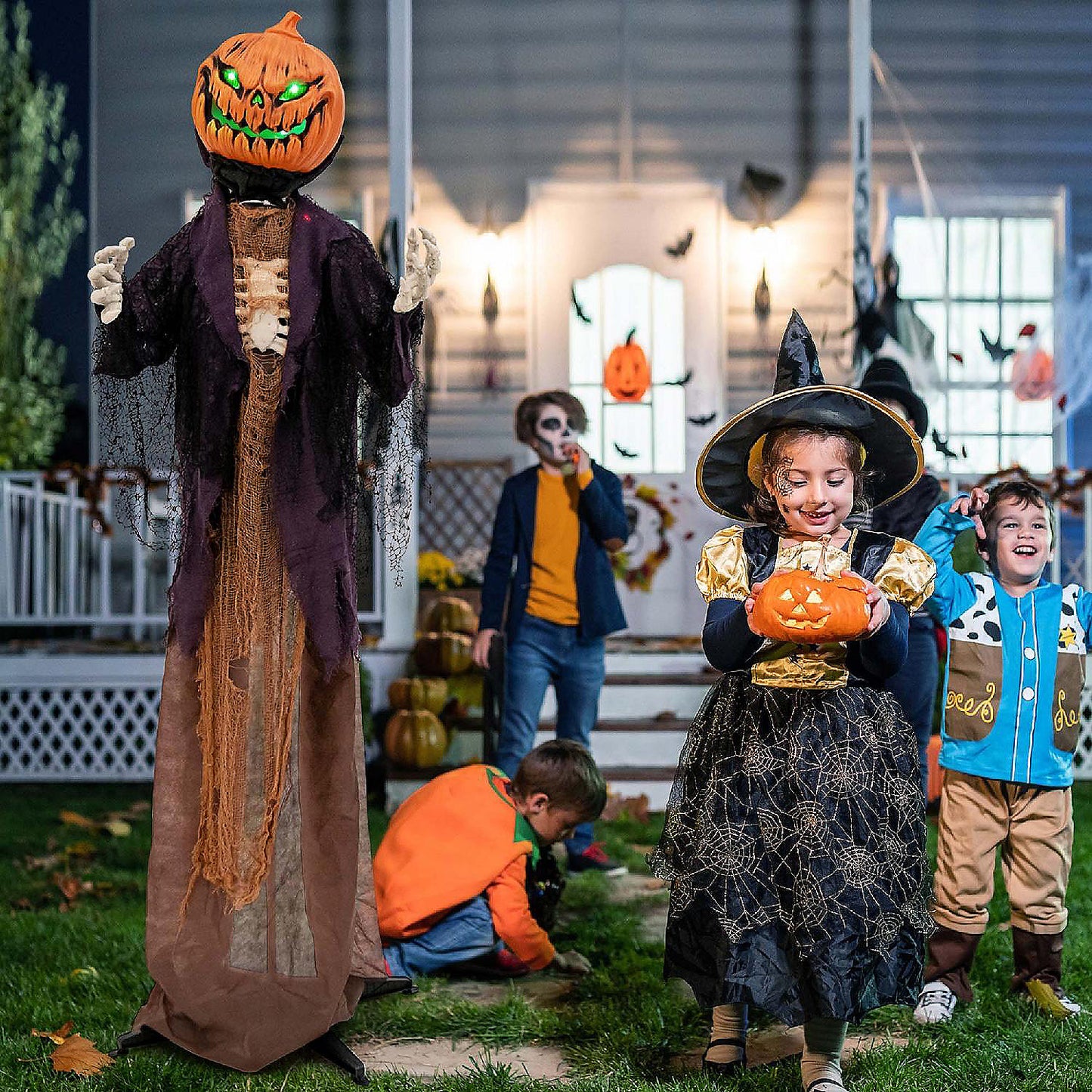 Costway 5.6 FT Halloween Animated Standing Pumpkin Scarecrow with Weird Phrases LED Eyes | USA Decoration®