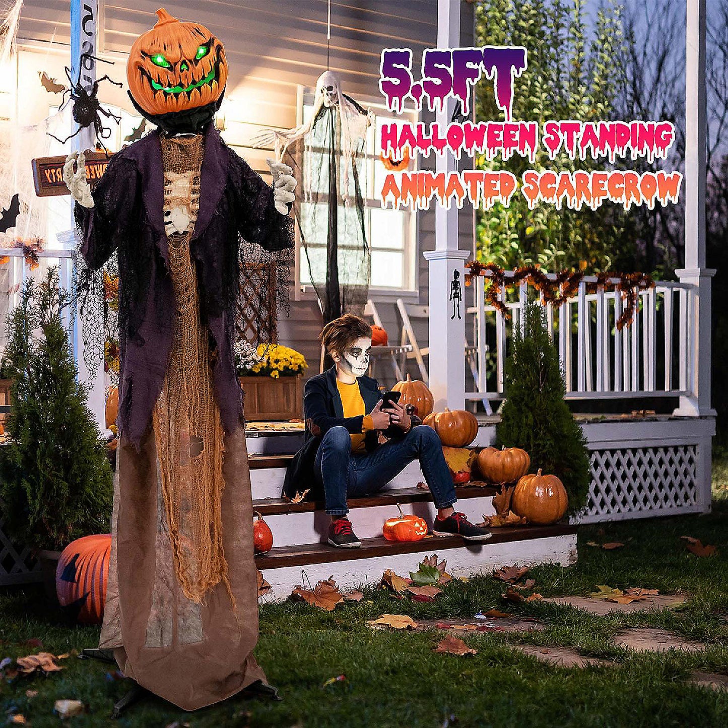 Costway 5.6 FT Halloween Animated Standing Pumpkin Scarecrow with Weird Phrases LED Eyes | USA Decoration®