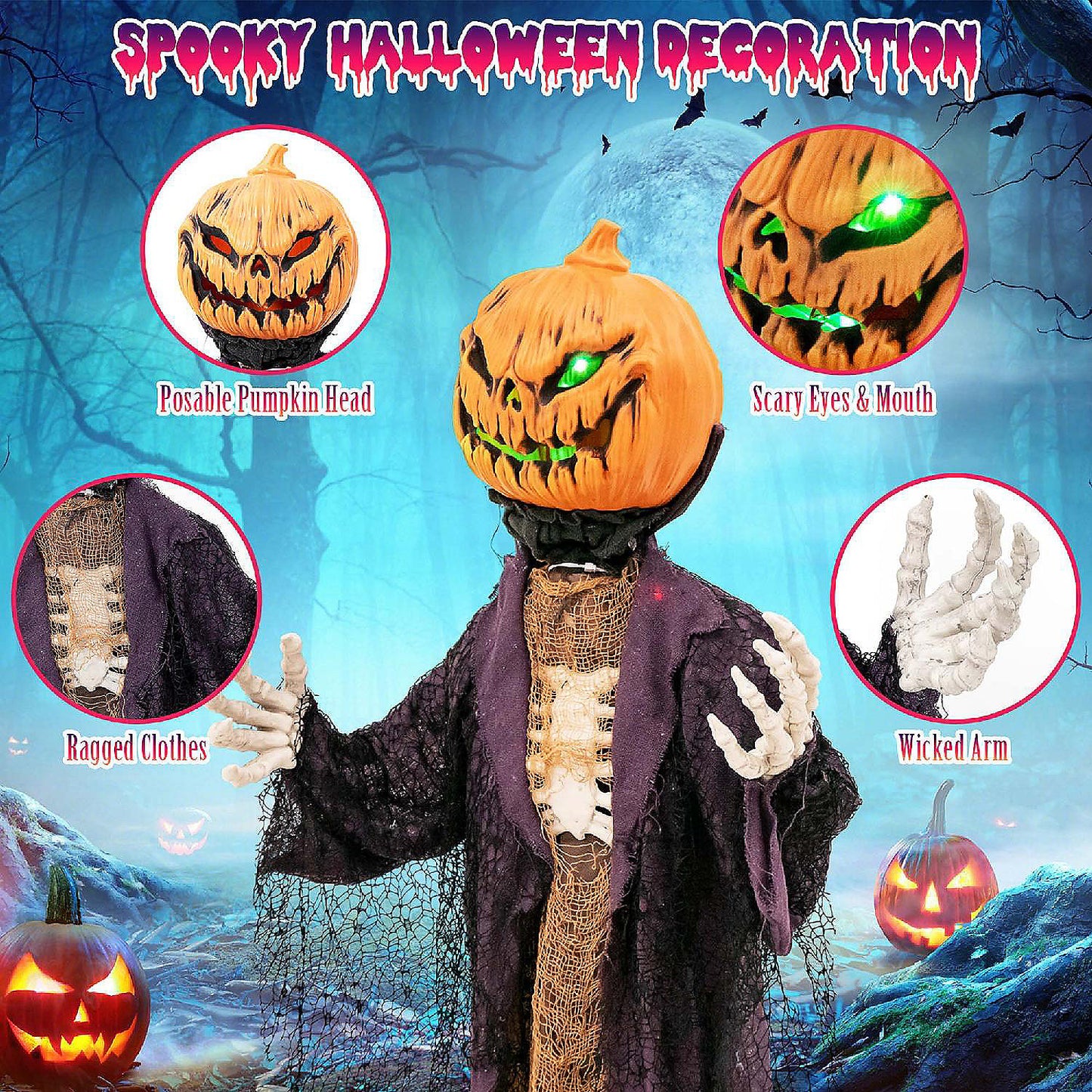 Costway 5.6 FT Halloween Animated Standing Pumpkin Scarecrow with Weird Phrases LED Eyes | USA Decoration®