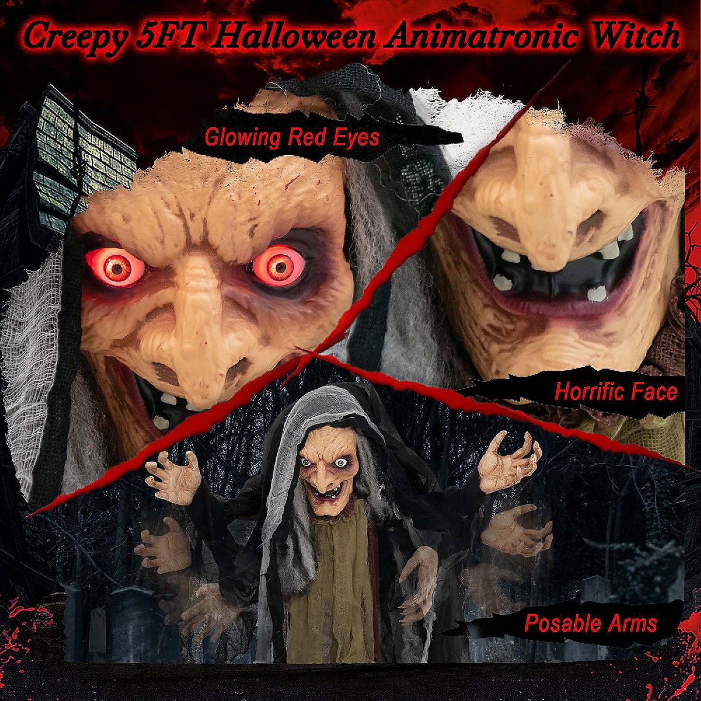 Costway 5 FT Halloween Animated Standing Witch Life Size Decoration with Posable Arms | USA Decoration®