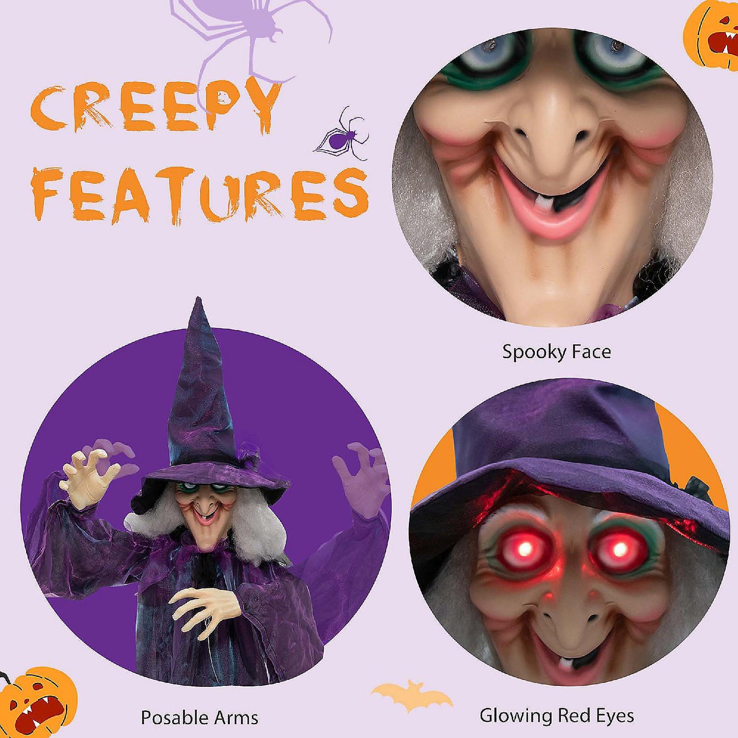 Costway 6 FT Halloween Animatronic Witch Hanging Decoration with Red Eyes Posable Arms | USA Decoration®