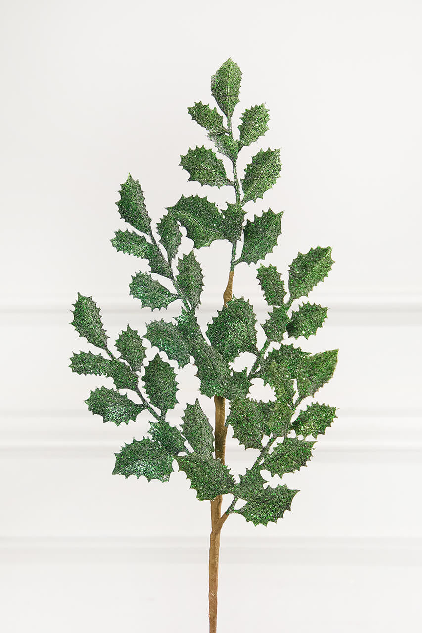 Dark Green Shimmer Metallic Holly Stem 23" Artificial Christmas Floral Pick for Holiday Arrangements & Decorations