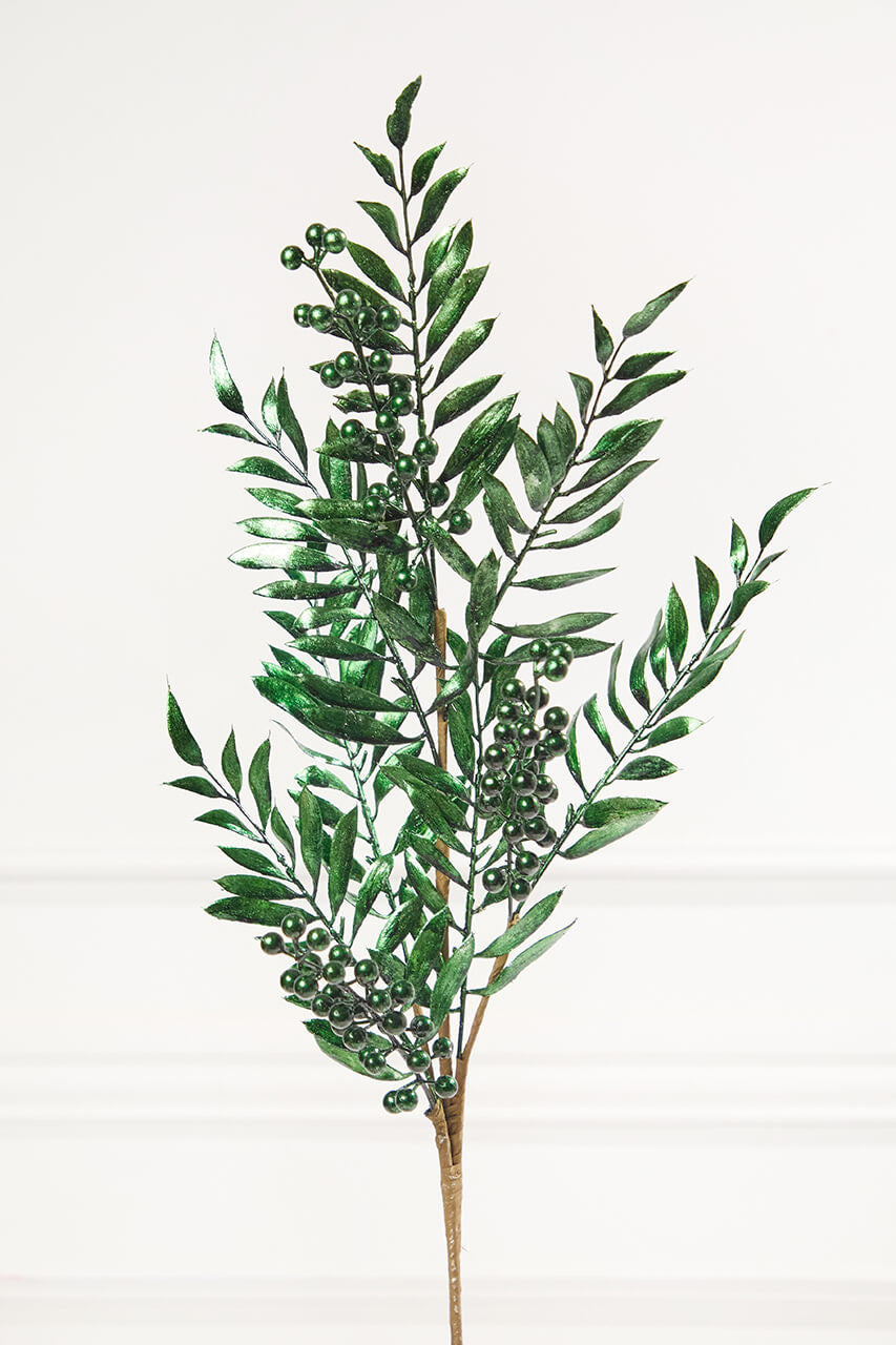 30" Dark Green Metallic Pepperberry Stem Artificial Holiday Pick for Christmas Floral Arrangements and Winter Décor