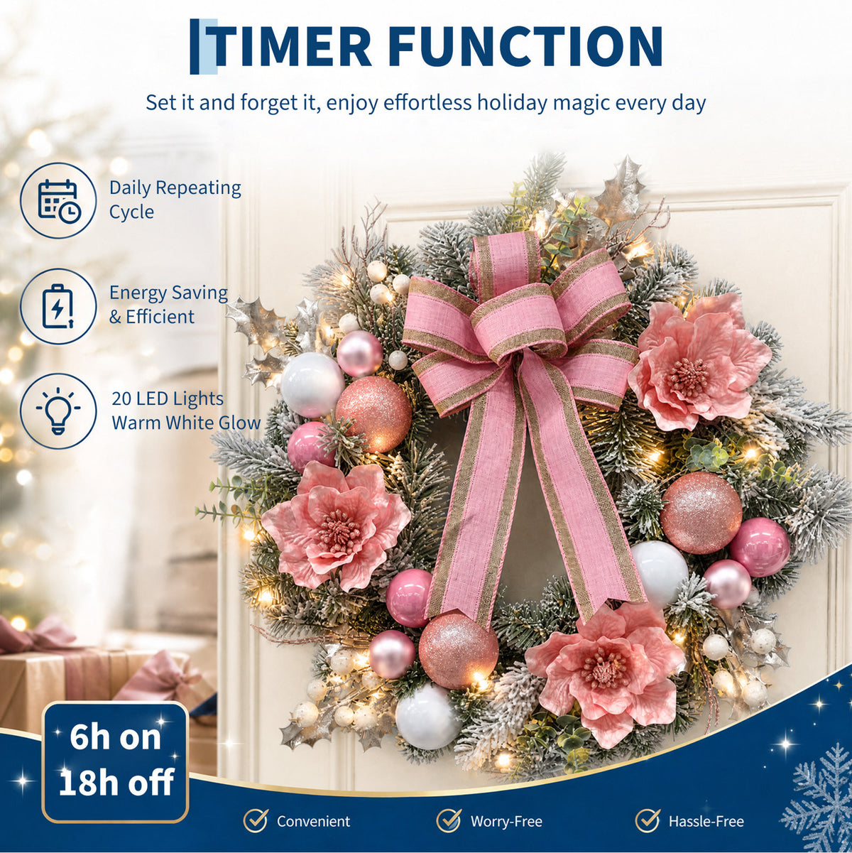 24" Pre-Lit Pink Magnolia Christmas Wreath with 20 LED Lights, Snow Accents, Artificial PVC Floral Wreath for Front Door