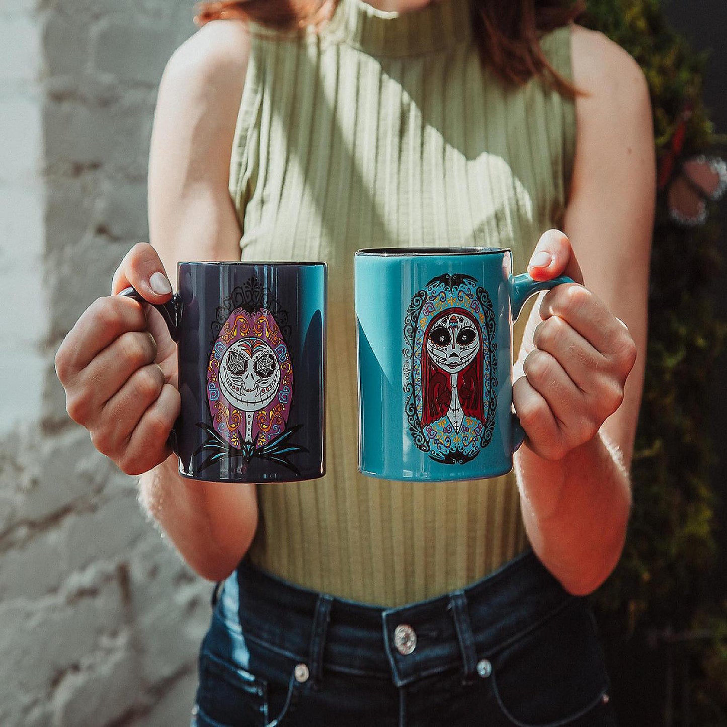 Disney Nightmare Before Christmas Sugar Skulls Jack and Sally Ceramic Mug Set | USA Decoration®