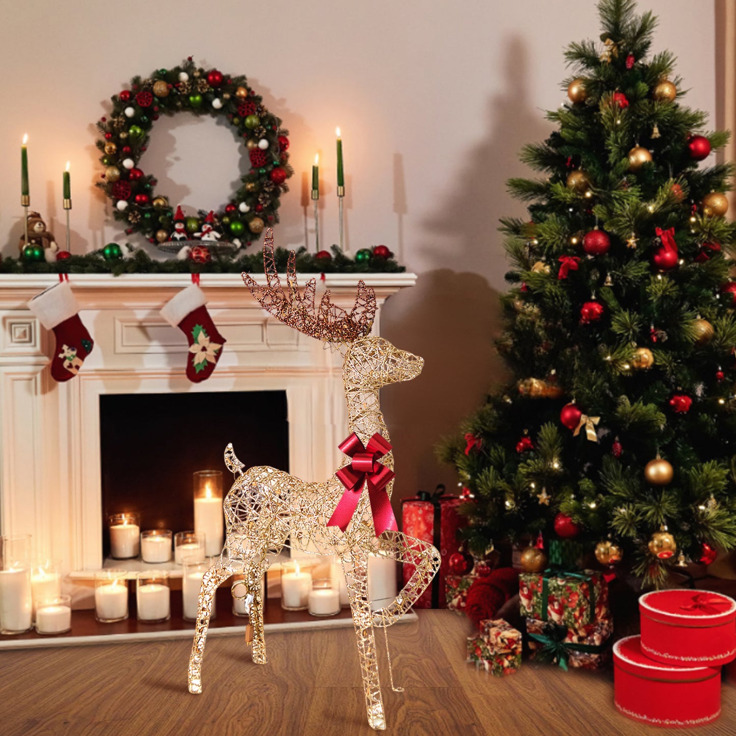 Champagne Reindeer Decoration with Warm LED Lights Indoor Outdoor Display 12.01x8.07x20.47 Inches