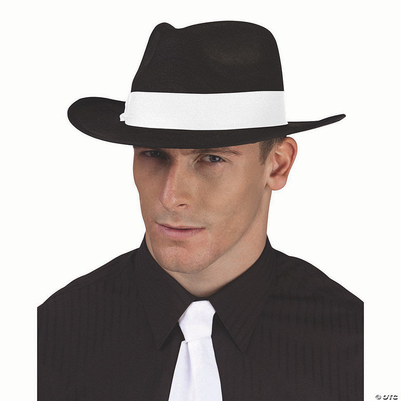 1 Piece(s): Adults Black Polyester Fedora Hat with White Ribbon Costume Accessory | USA Decoration®