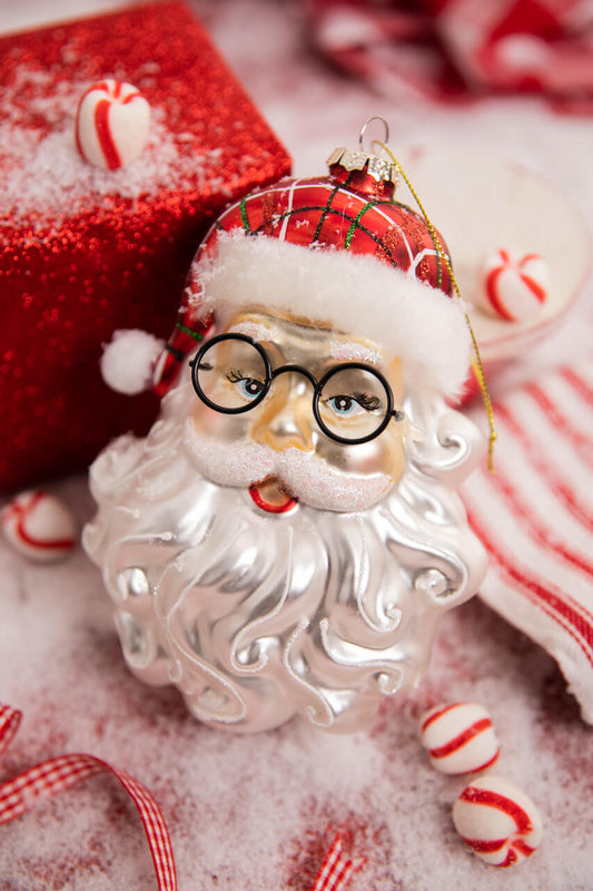 6.5” Retro Glass Santa Face Ornament with Glasses for Vintage Holiday Charm