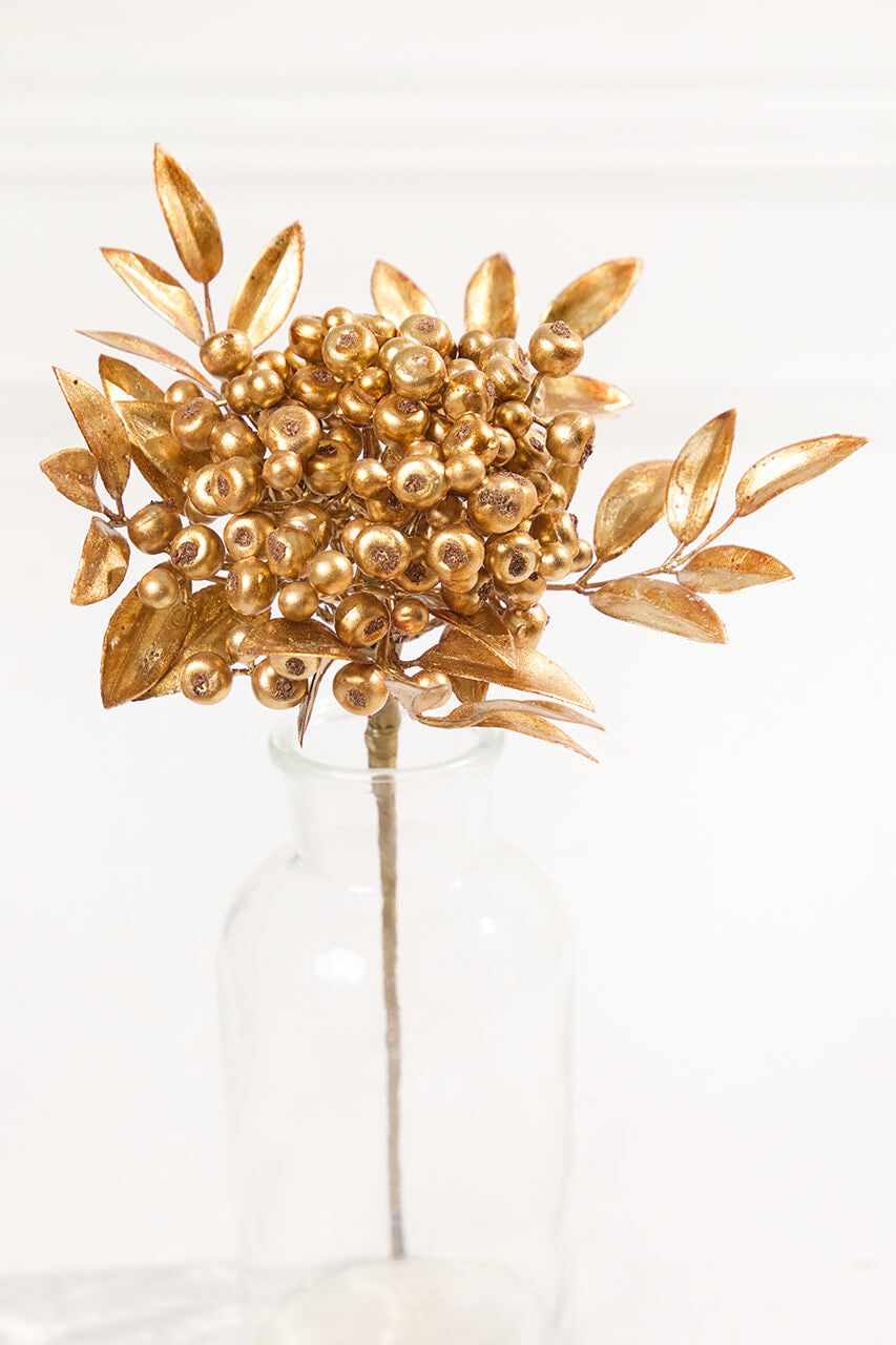 14” Antique Gold Metallic Berry Bunch for Holiday Decor