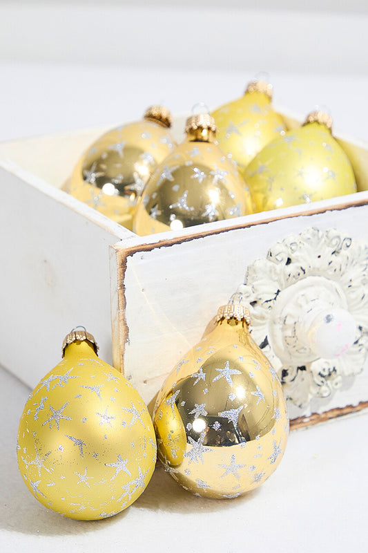 6ct Glass Drop Aztec Gold & Gold Velvet with Silver Stars Christmas Ornaments