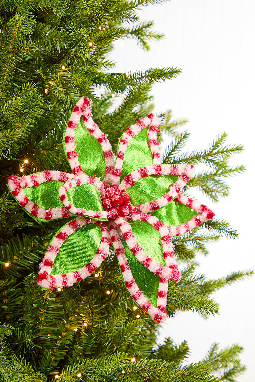 22” Green Peppermint Trim Poinsettia Stem with 12” Flower Head for Holiday Decor