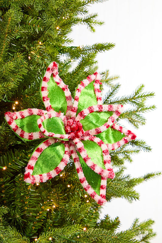 22” Green Peppermint Trim Poinsettia Stem with 12” Flower Head for Holiday Decor