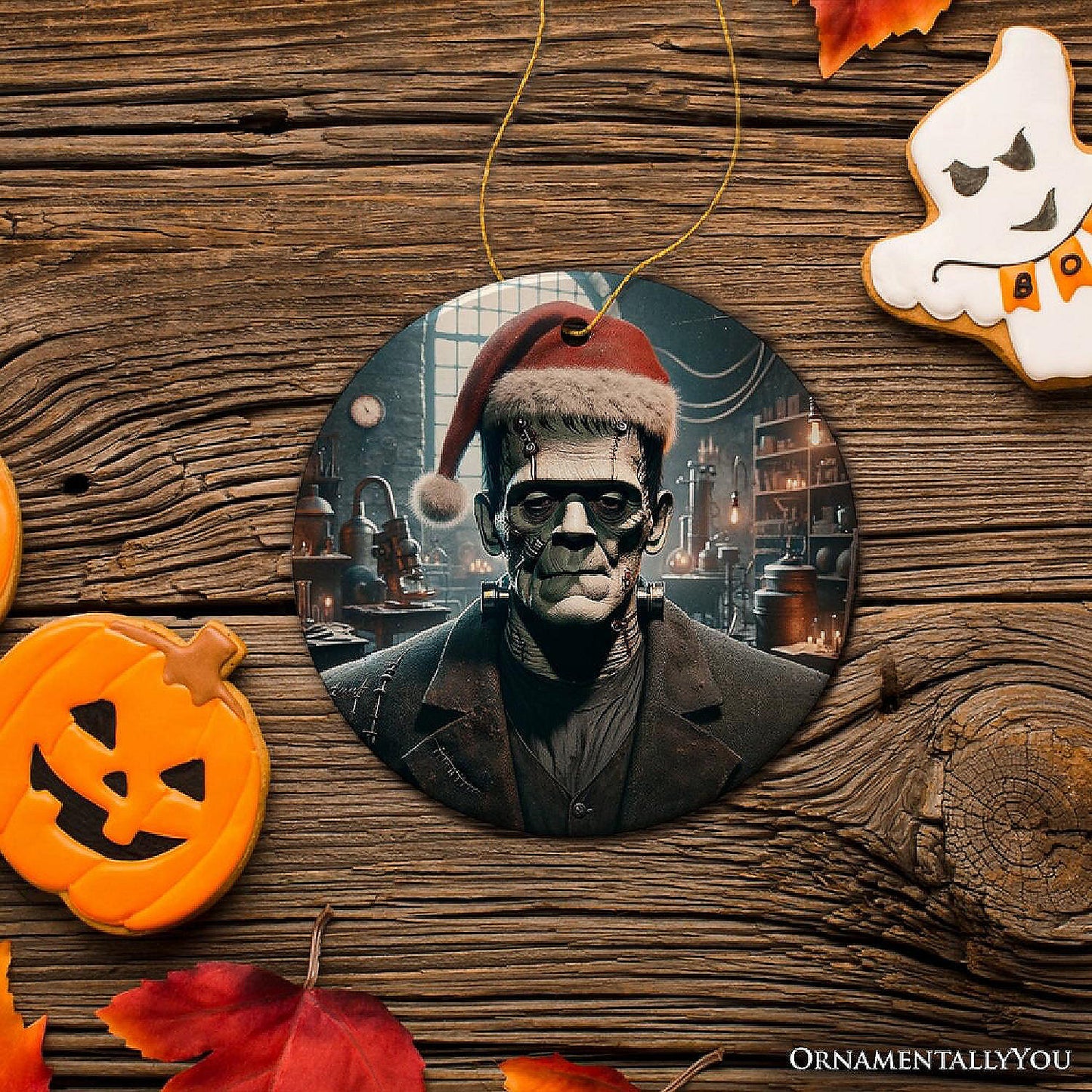 Grotesque Frankenstein with Santa Hat Ornament, Spooky Holiday Gift for Horror Fans, OrnamentallyYou | USA Decoration®