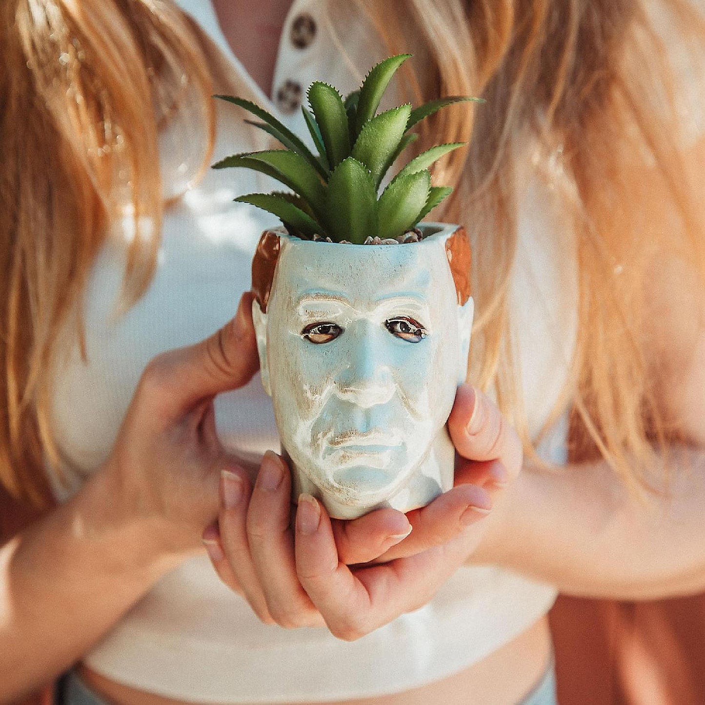 Halloween Michael Myers 3-Inch Ceramic Mini Planter With Artificial Succulent | USA Decoration®