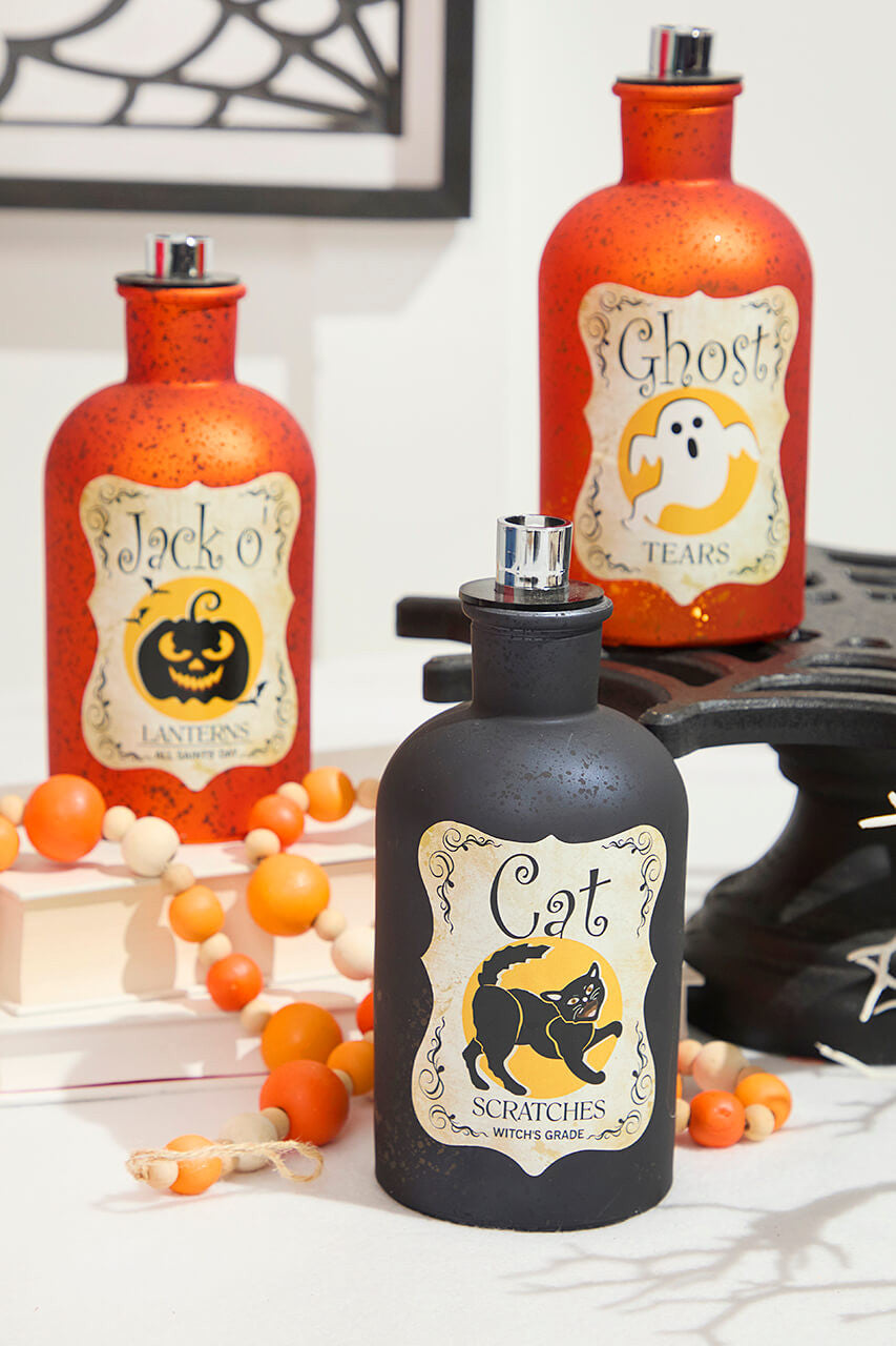 7" Lighted Glass Halloween Bottle Luminary Battery Operated Spooky Tabletop Décor