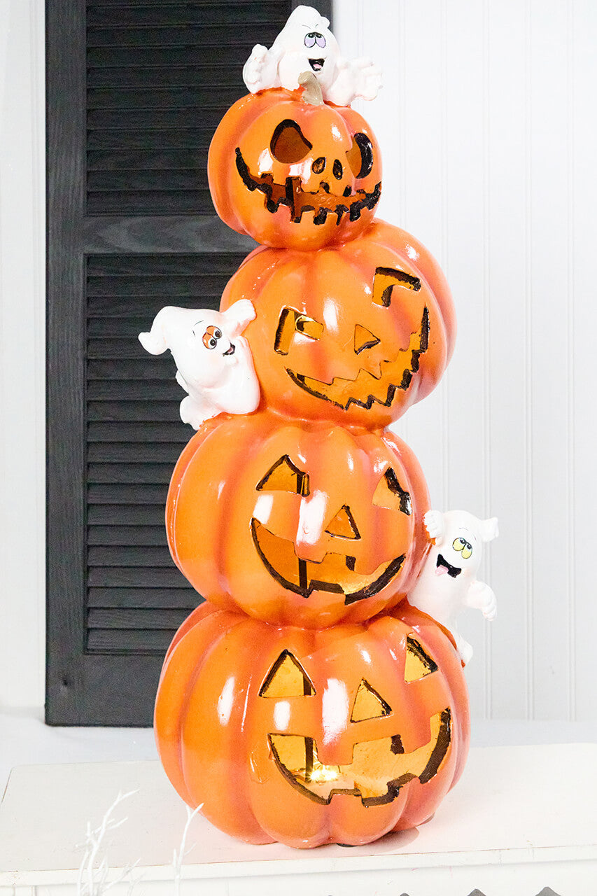 28” LED Resin Pumpkin Stack with Ghost for Halloween Decor