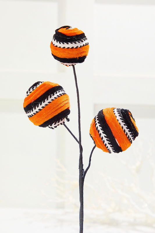 17" Orange Velvet Stripe Ball Spray Fall Floral Pick for Seasonal Décor & Craft Projects
