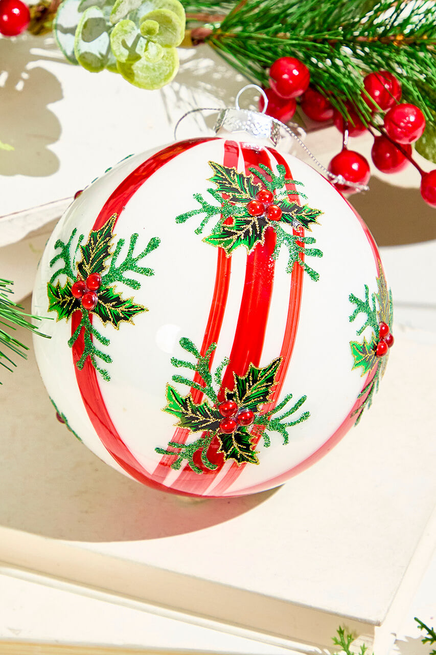 5" Holly Striped Glass Ornament Festive Christmas Tree Decoration with Red and Green Stripes