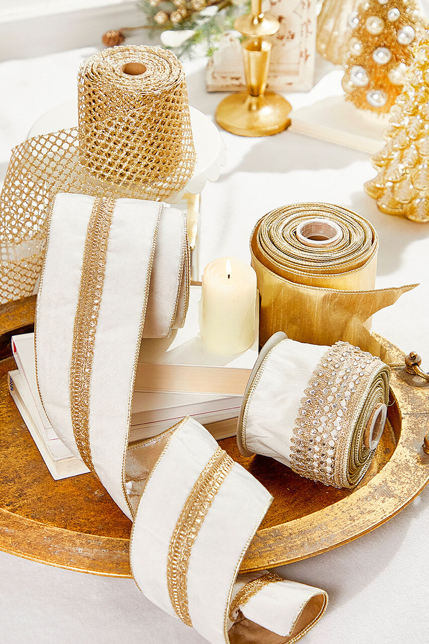 4" x 5 Yard White and Gold Velvet Ribbon
