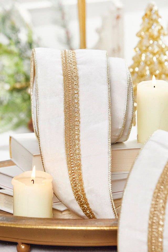 4" x 5 Yard White and Gold Velvet Ribbon Elegant Holiday Craft Ribbon
