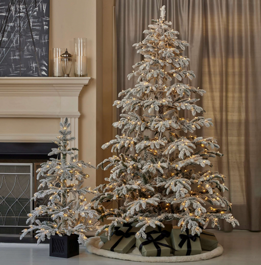 7.5' Jackson Flocked Pine Tree with 600 Warm White LED Lights Snow-Covered Holiday Elegance