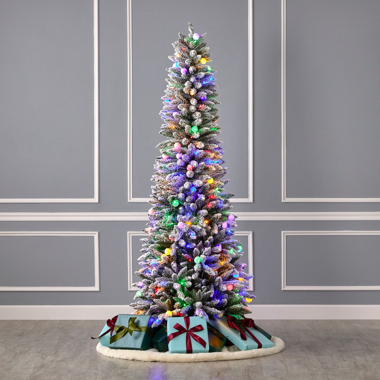 7' Slim Snow Kissed Pine Tree with 250 Multicolor LED Lights Festive Space-Saving Design