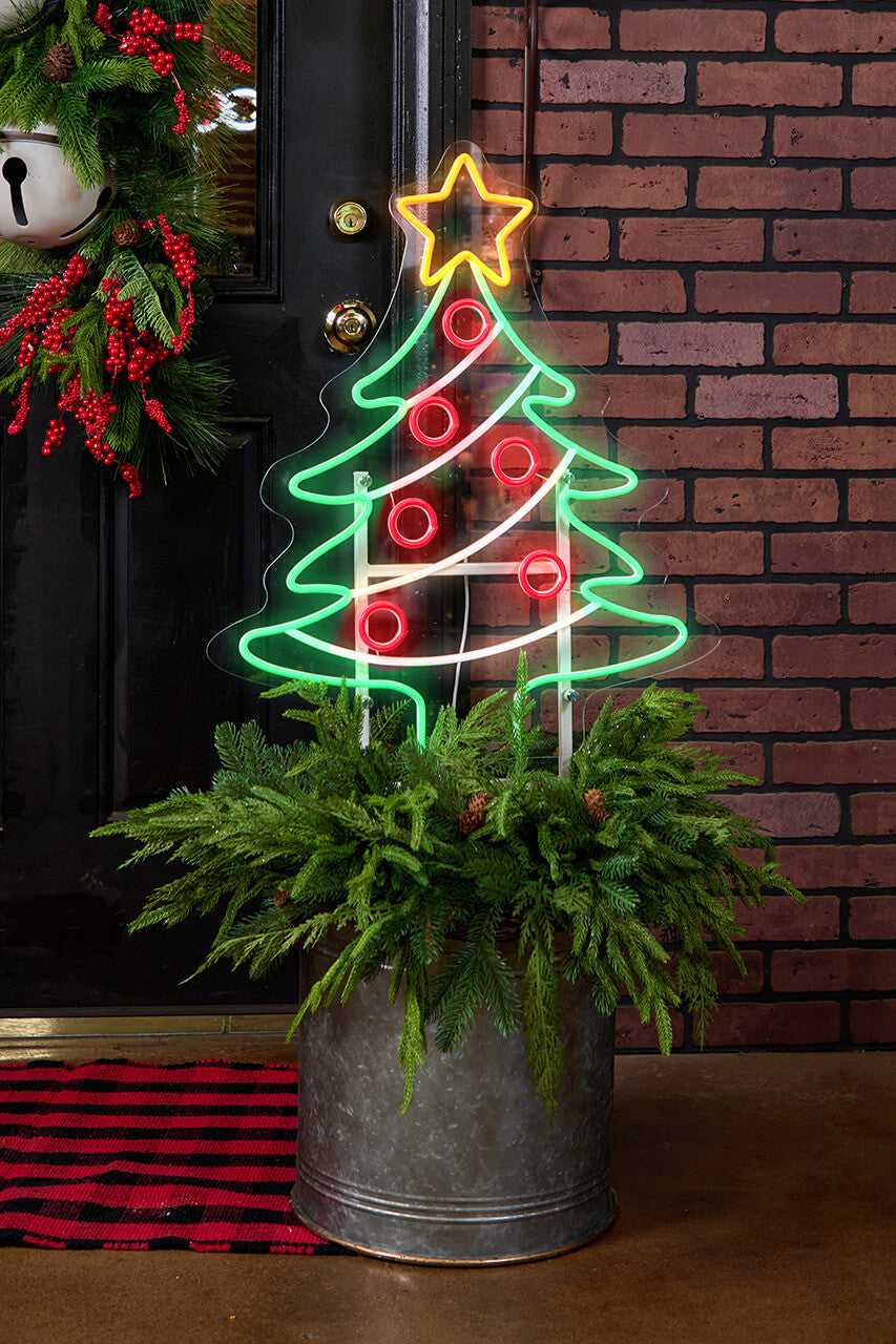 44 Inch Christmas Tree Lit Neon Metal Yard Stake