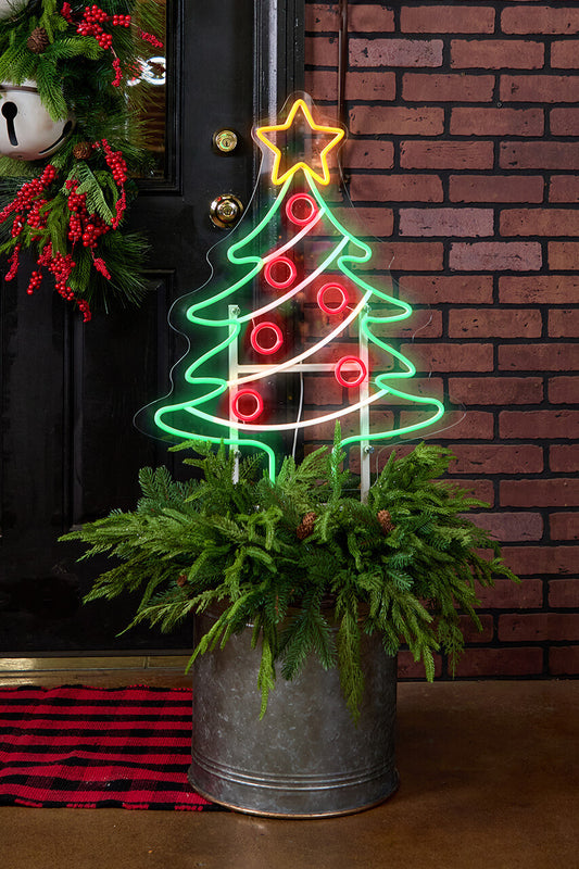 44 Inch Christmas Tree Lit Neon Metal Yard Stake