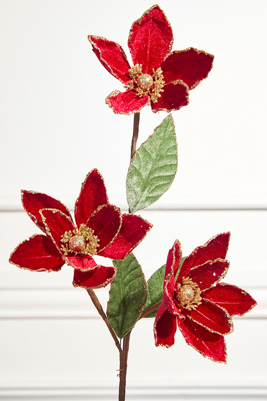 25.5? Triple Red Magnolia Spray Bold Holiday Floral Stem