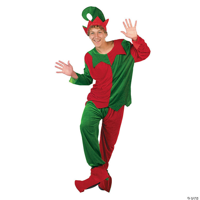Men’s Classic Christmas Elf Red & Green Polyester Costume - One Size | USA Decoration®