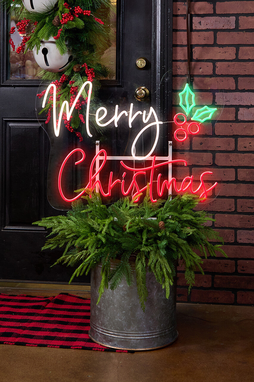 21.5 Inch Merry Christmas Lit Neon Metal Yard Stake Outdoor Decoration