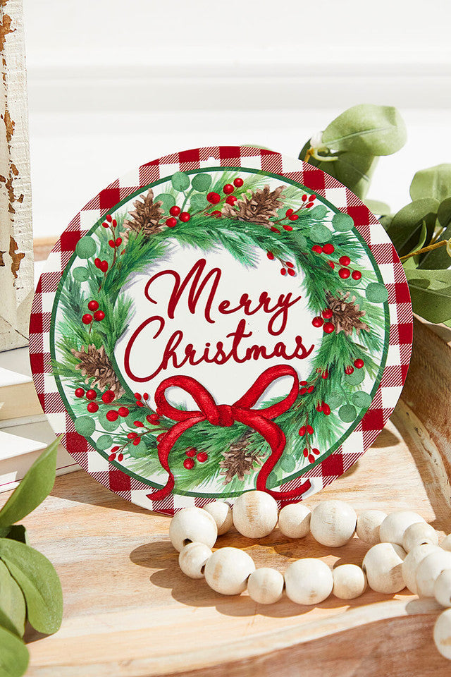 8" Metal "Merry Christmas" Sign with Wreath Rustic Holiday Wall or Door Décor