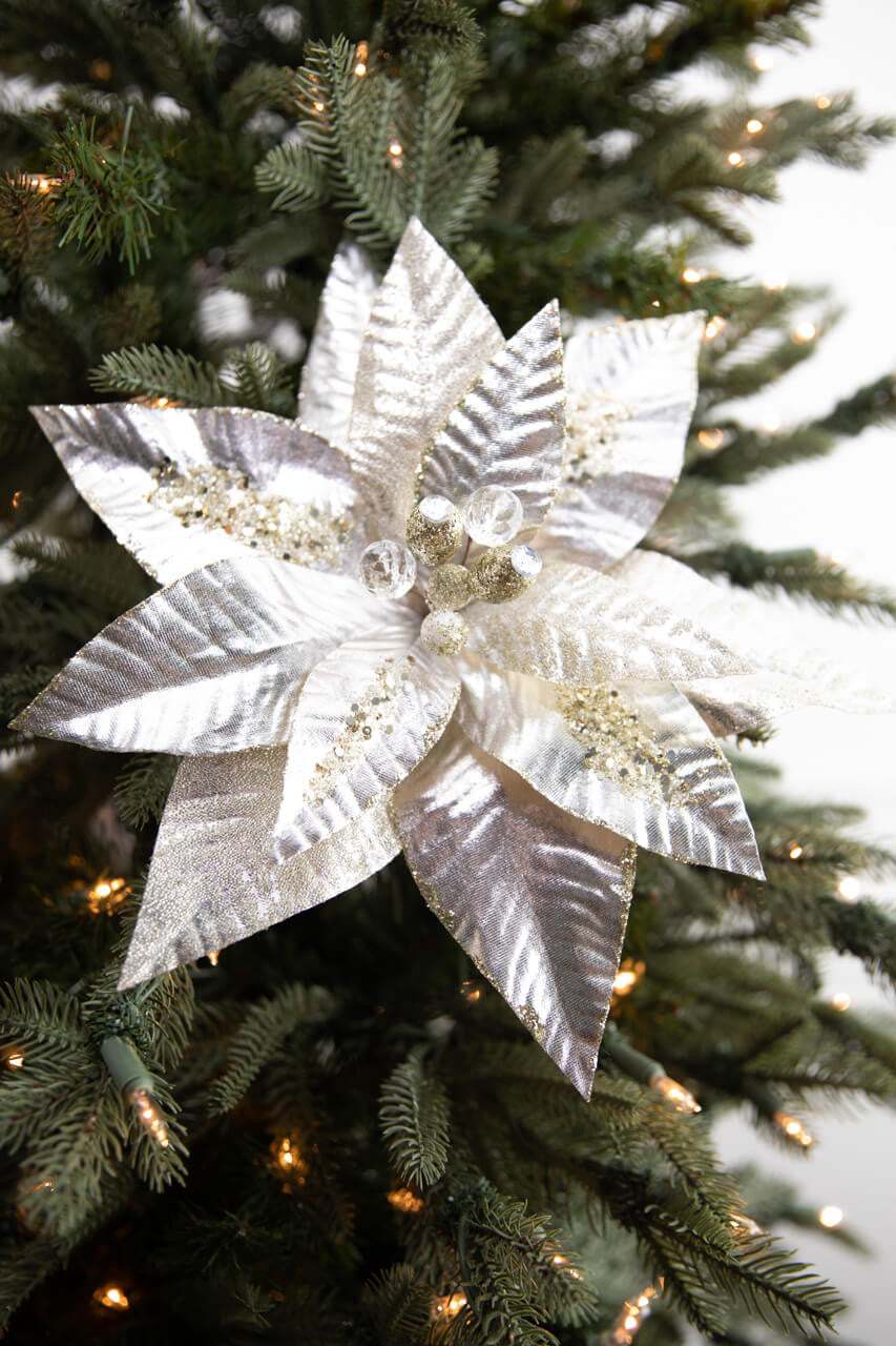 22” x 12" Metallic Poinsettia Stem Elegant Shimmer Artificial Christmas Flower Pick for Holiday Décor
