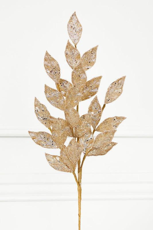 29" Micro Beaded Sequins Bay Leaf Spray Champagne Gold Holiday Floral Decoration