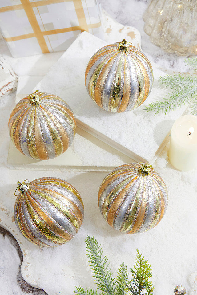 4" Gold and Silver Stripe Mercury Glass Ball Ornaments Set of 4 Elegant Christmas Decorations