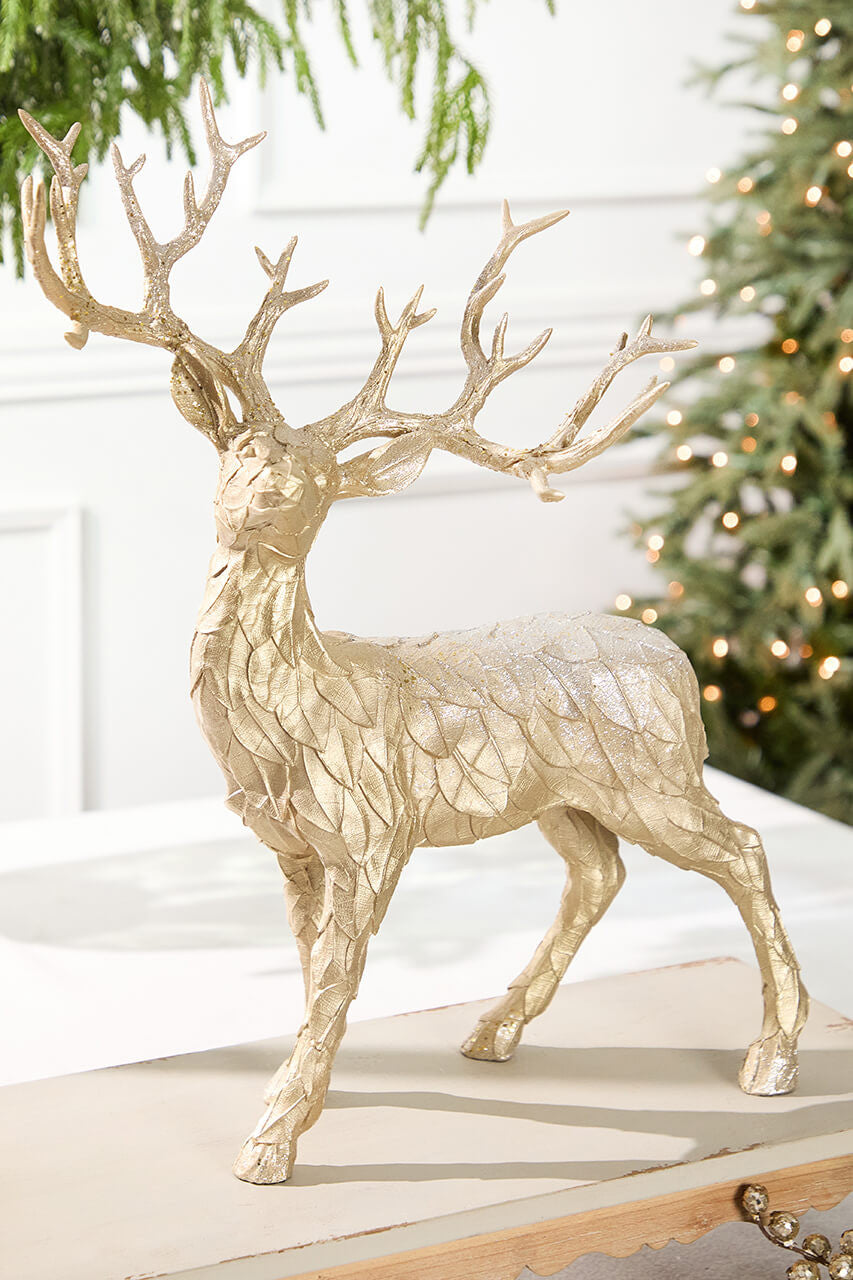 22” Resin Glitter Standing Champagne Leaf Deer for Holiday Decor