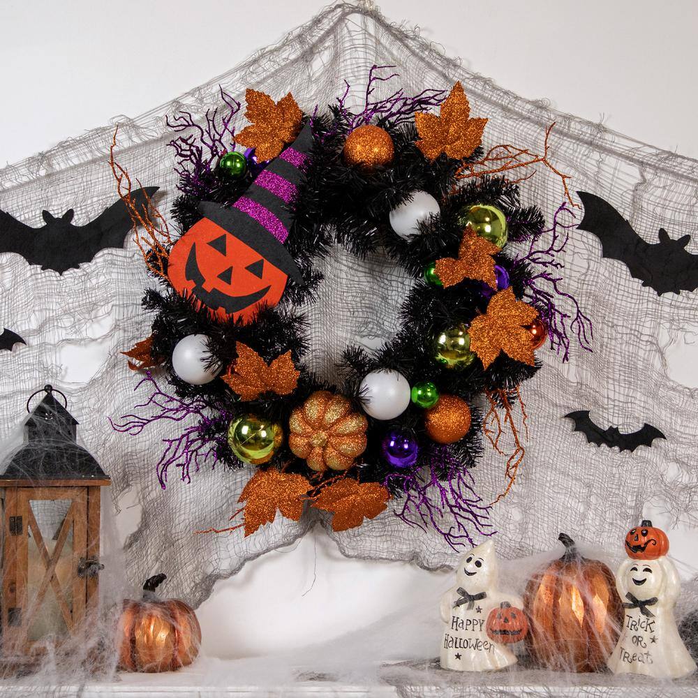 24 in. Black Unlit Jack-O-Lantern in Witches Hat Halloween Wreath | USA Decoration
