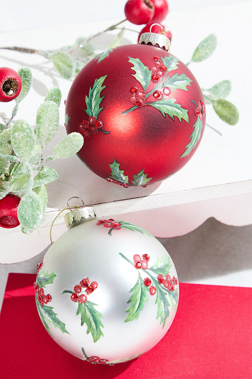 Holly Glass Ornament Red White Christmas Decoration